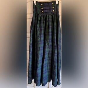 Navy Plaid Maxi Skirt with Gold Button Accents